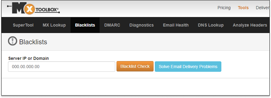 Blacklist page on MXToolbox’s website.