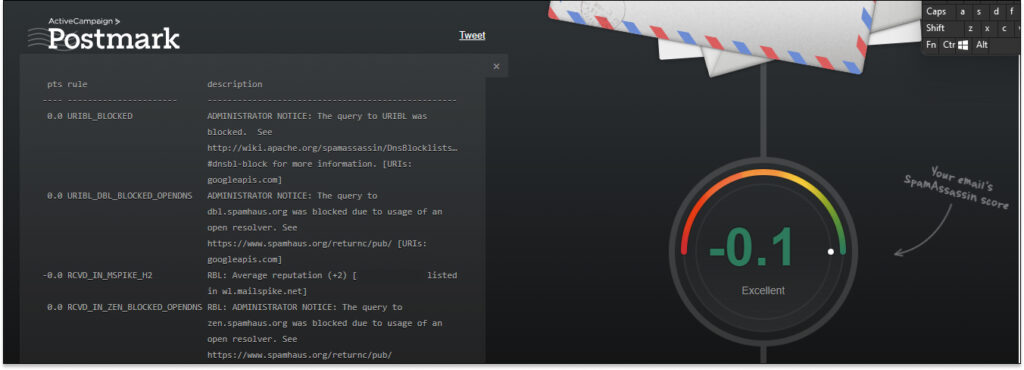 Postmark spam check page highlighting results of a spam score check.